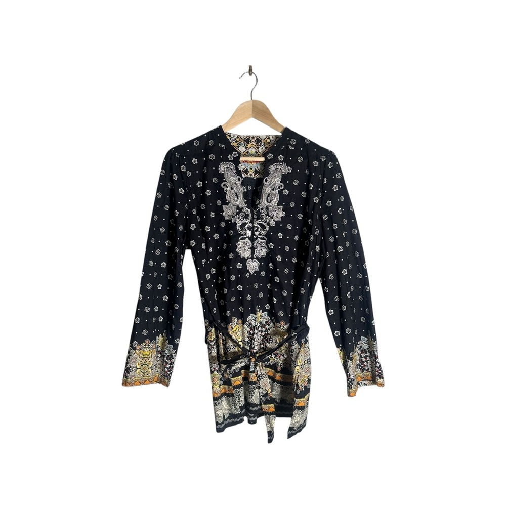 Robert Graham Paisley Carlisle Tunic Top Black White Tie Waist Floral Size XL - Picture 3 of 8